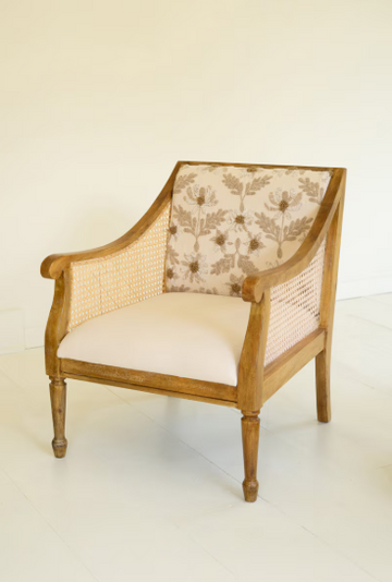 Mango Wood and Cane Armchair with Embroidery Back