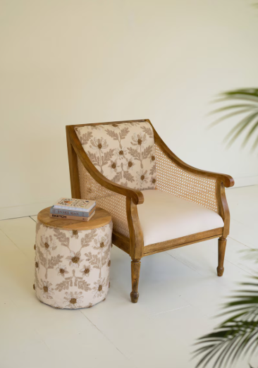 Mango Wood and Cane Armchair with Embroidery Back