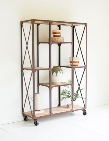 Iron and Wood Display with Alternating Shelves and Iron Casters