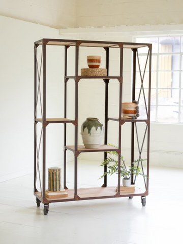 Iron and Wood Display with Alternating Shelves and Iron Casters